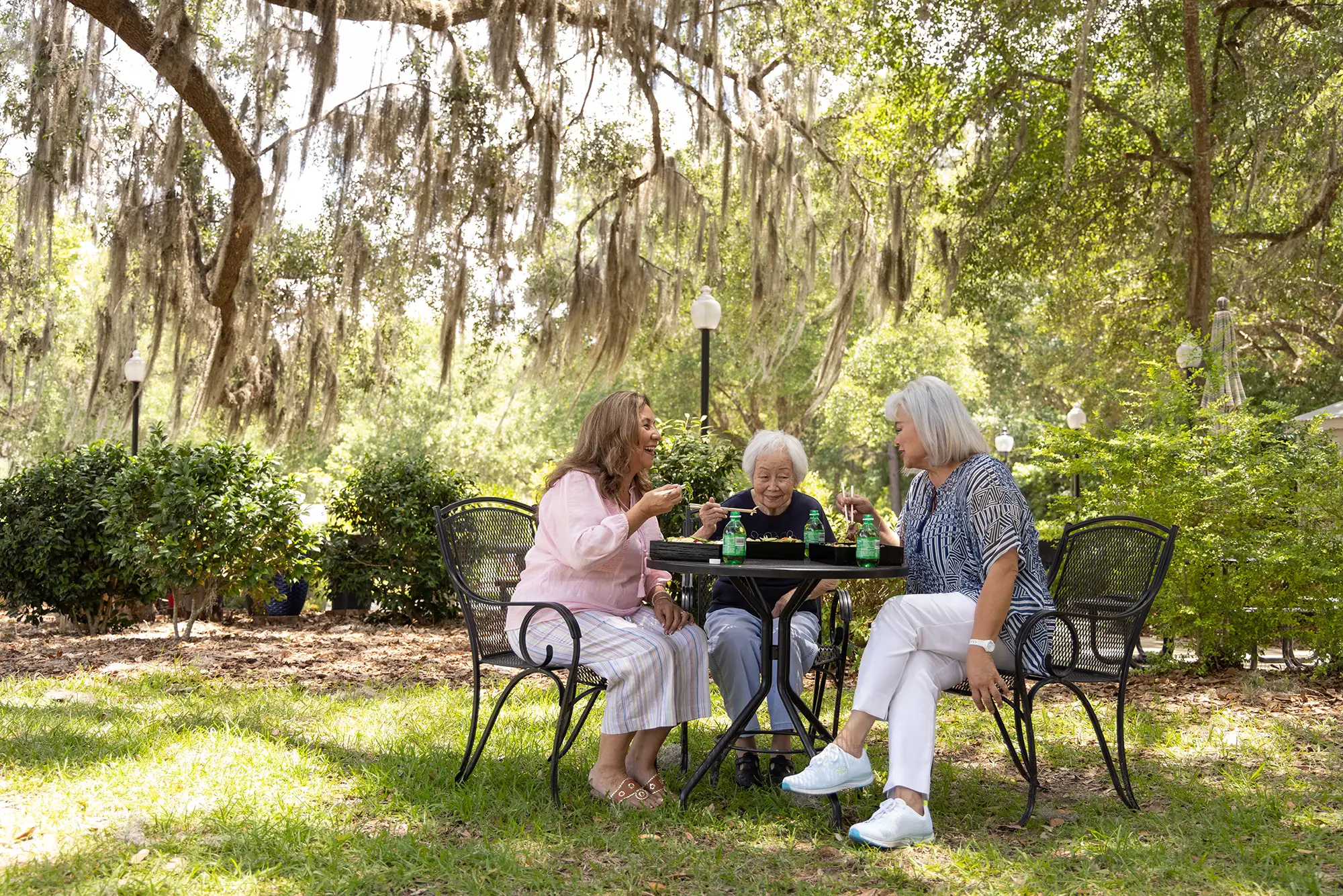 Three senior women eating lunch in a park in Gainesville, Florida