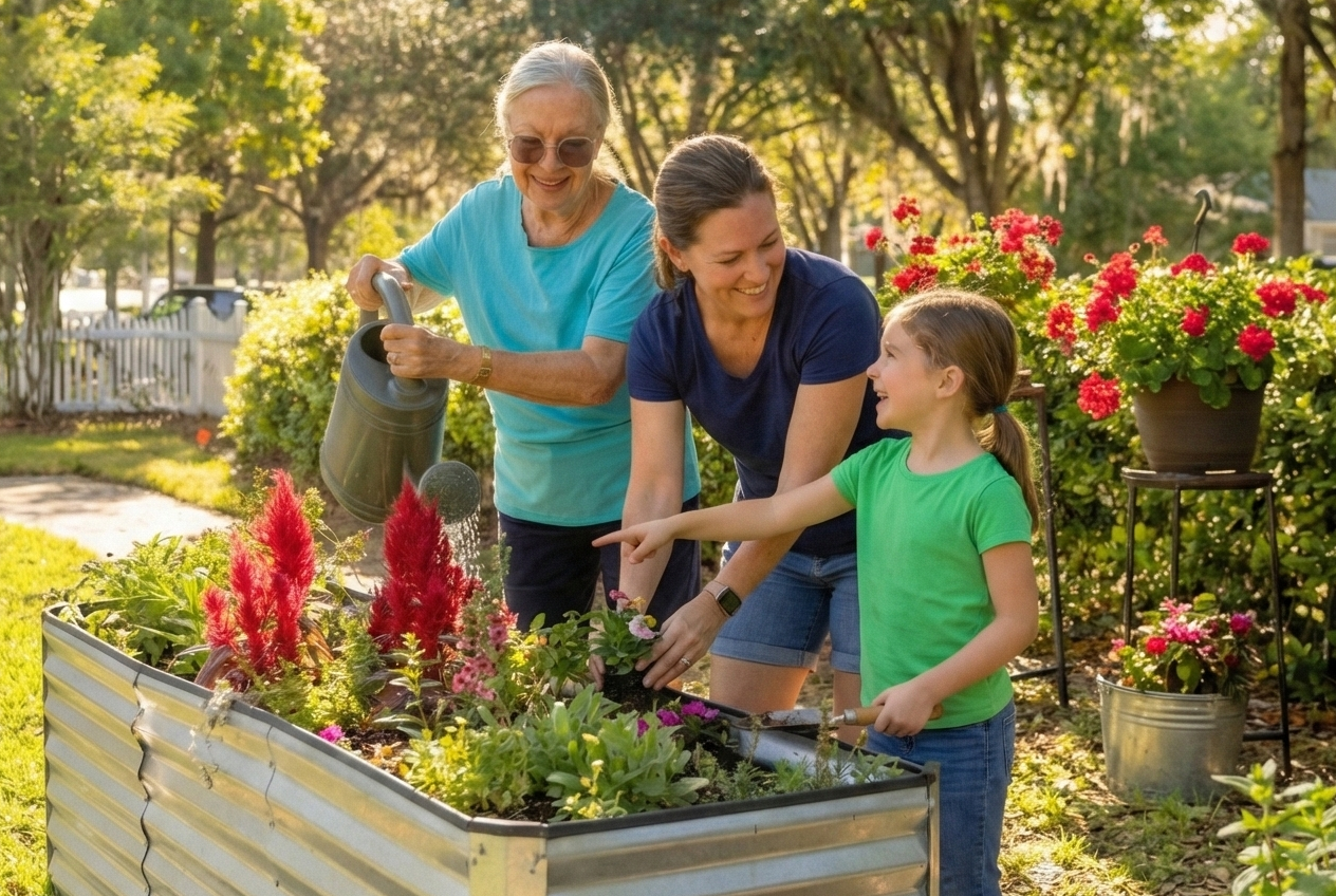 Resident, daughter and granddaughter working in the garden